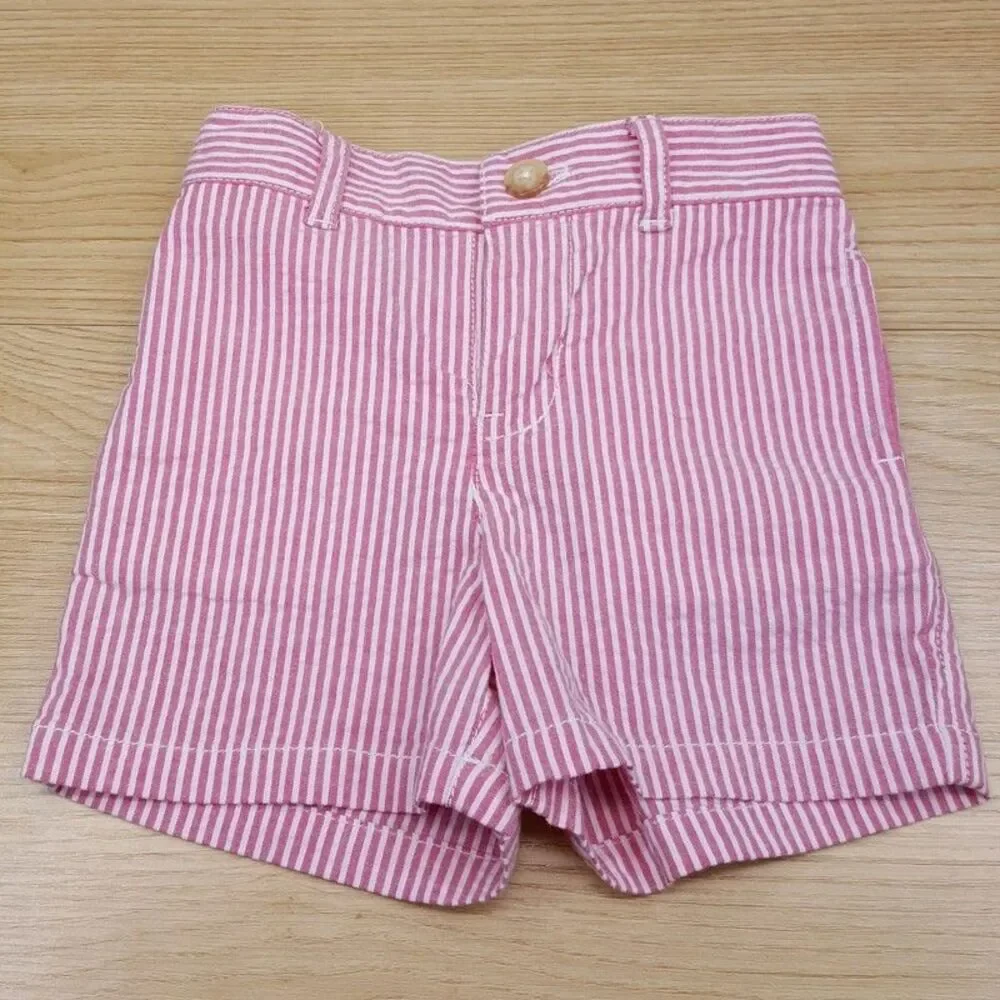 RALPH LAUREN Baby Shorts 6M Pink White Seersucker Stripe Cotton Elastic Waist